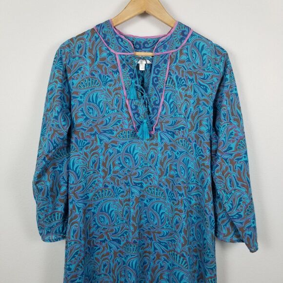Cleobella Blue Bria Zuri Block Print Kaftan Midi Dress No Belt Size XS *Damaged - Picture 11 of 16
